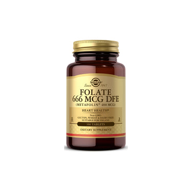 A bottle of FOLATE 666 MCG DFE (METAFOLIN® 400 MCG) 100 TAB by Solgar on a white background.